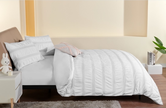 Seersucker Cotton Daur Ulang Polyester Duvet Set Berkelanjutan Putih Duvet Cover Raja